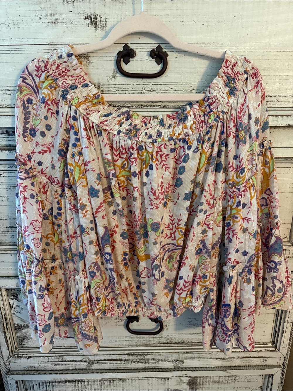 Free People Floral Off-Shoulder Peasant Top - Pink, Blue, Yellow, Cream